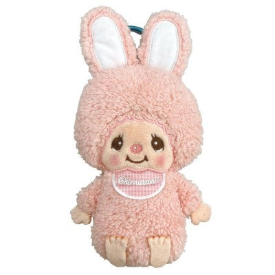 Monchhichi pink bunny plush body pouch with white inner ears, smiling face, and “Chimutan” bib on a white background.