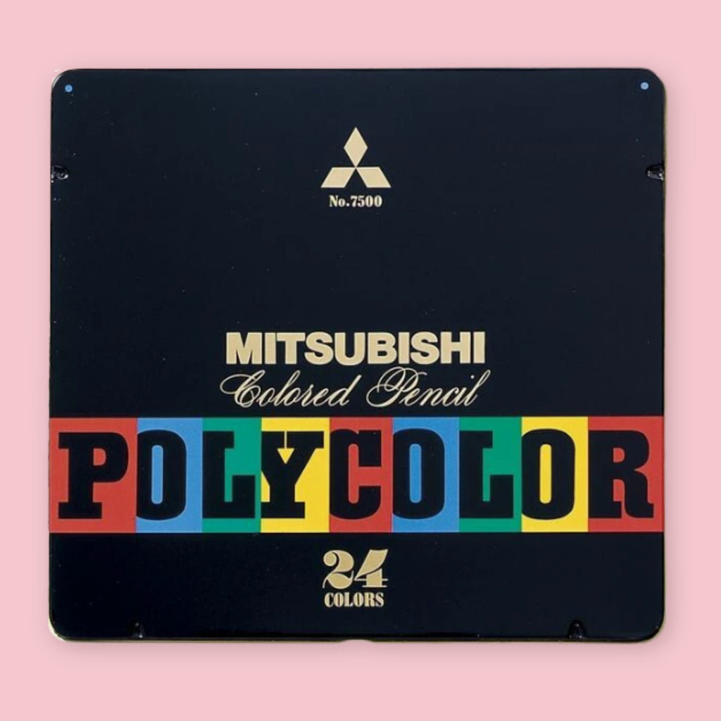 Mitsubishi Polycolor No. 7500 colored pencil set in a black metal tin featuring bold vintage-style lettering in red, blue, green, and yellow blocks, with the Mitsubishi logo and 24 Colors printed in gold on a pink background