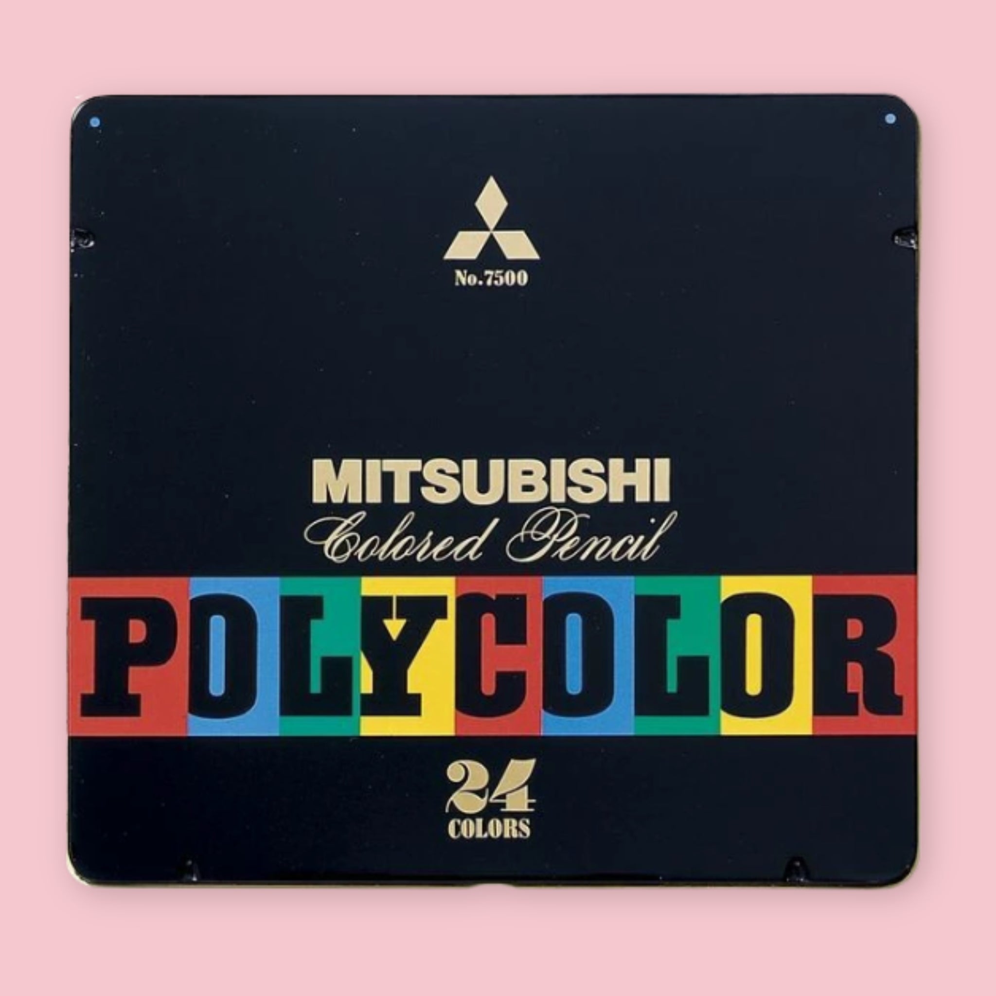 Mitsubishi Polycolor No. 7500 colored pencil set in a black metal tin featuring bold vintage-style lettering in red, blue, green, and yellow blocks, with the Mitsubishi logo and 24 Colors printed in gold on a pink background
