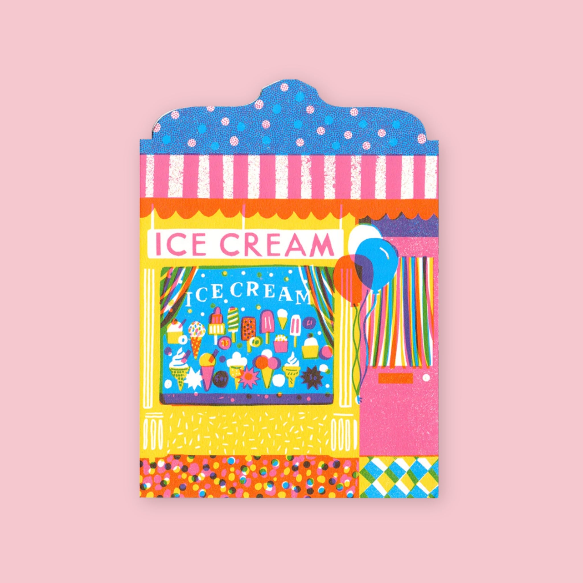 The Printed Peanut die cut greeting card shaped like a colorful ice cream shop storefront with striped awning and balloons