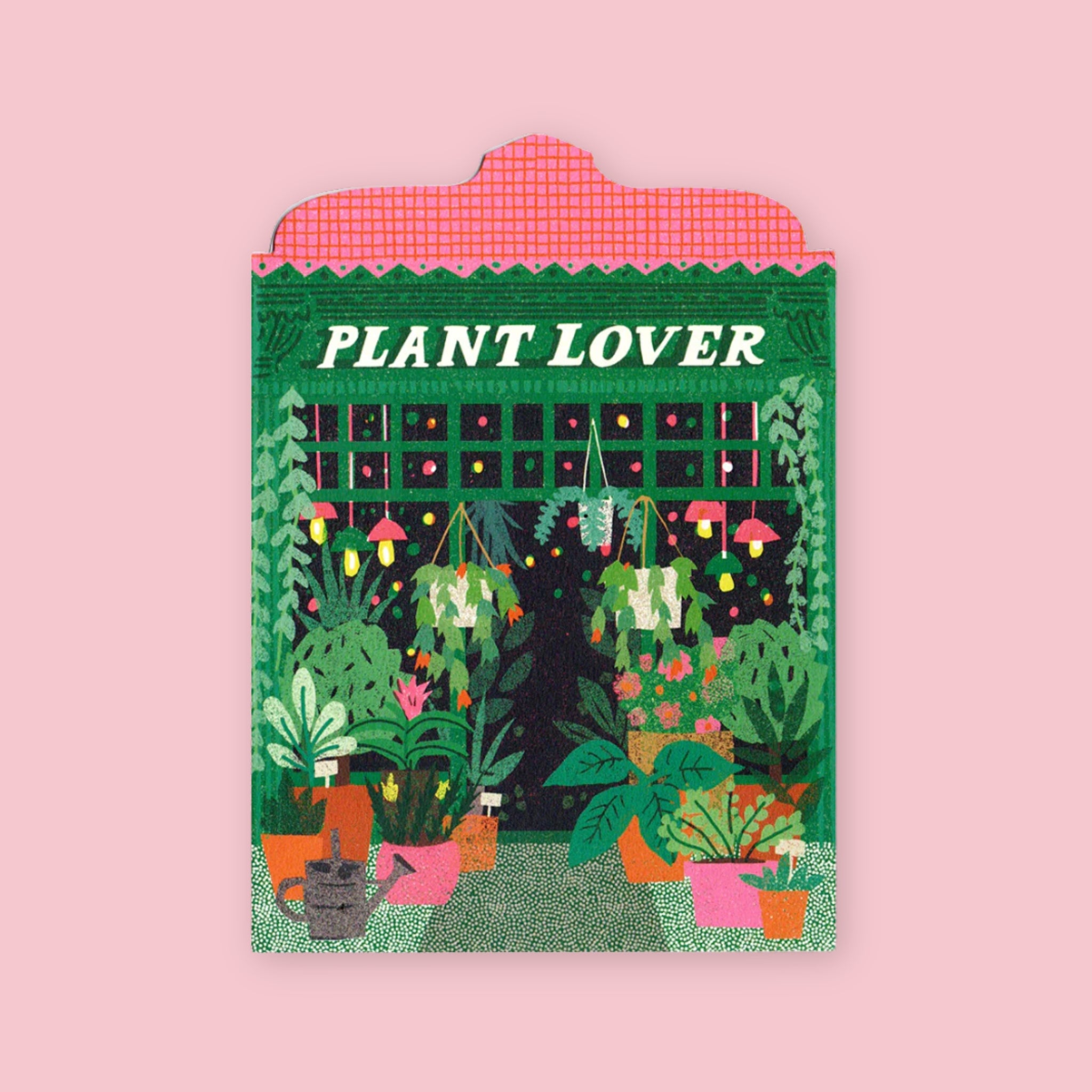 The Printed Peanut die cut greeting card shaped like a plant shop storefront with lush green plants and foliage