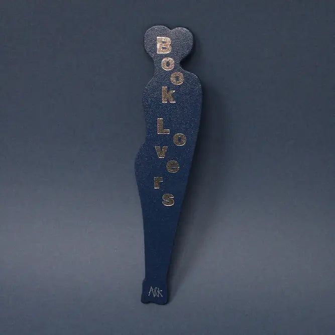 Dark blue Ark Colour Design book lover bookmark with gold “Book Lovers” lettering on a dark blue background