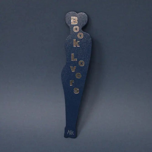 Dark blue Ark Colour Design book lover bookmark with gold “Book Lovers” lettering on a dark blue background