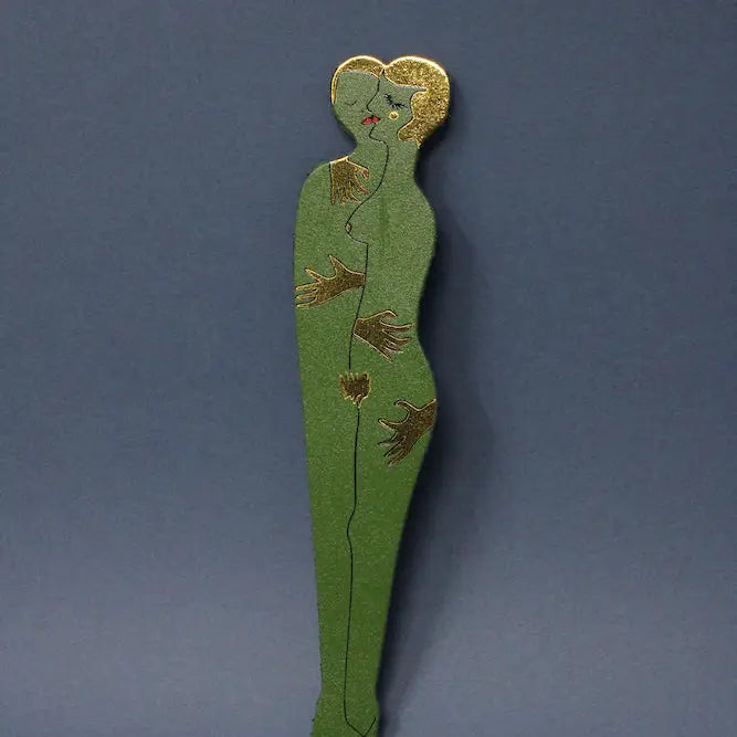 Green Ark Colour Design book lover bookmark with an illustrated embracing couple on a dark blue background