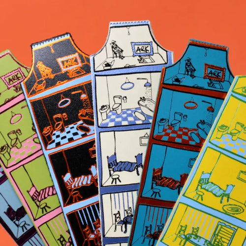 Ark Colour Design dollhouse bookmarks with colorful illustrated room interiors on an orange background