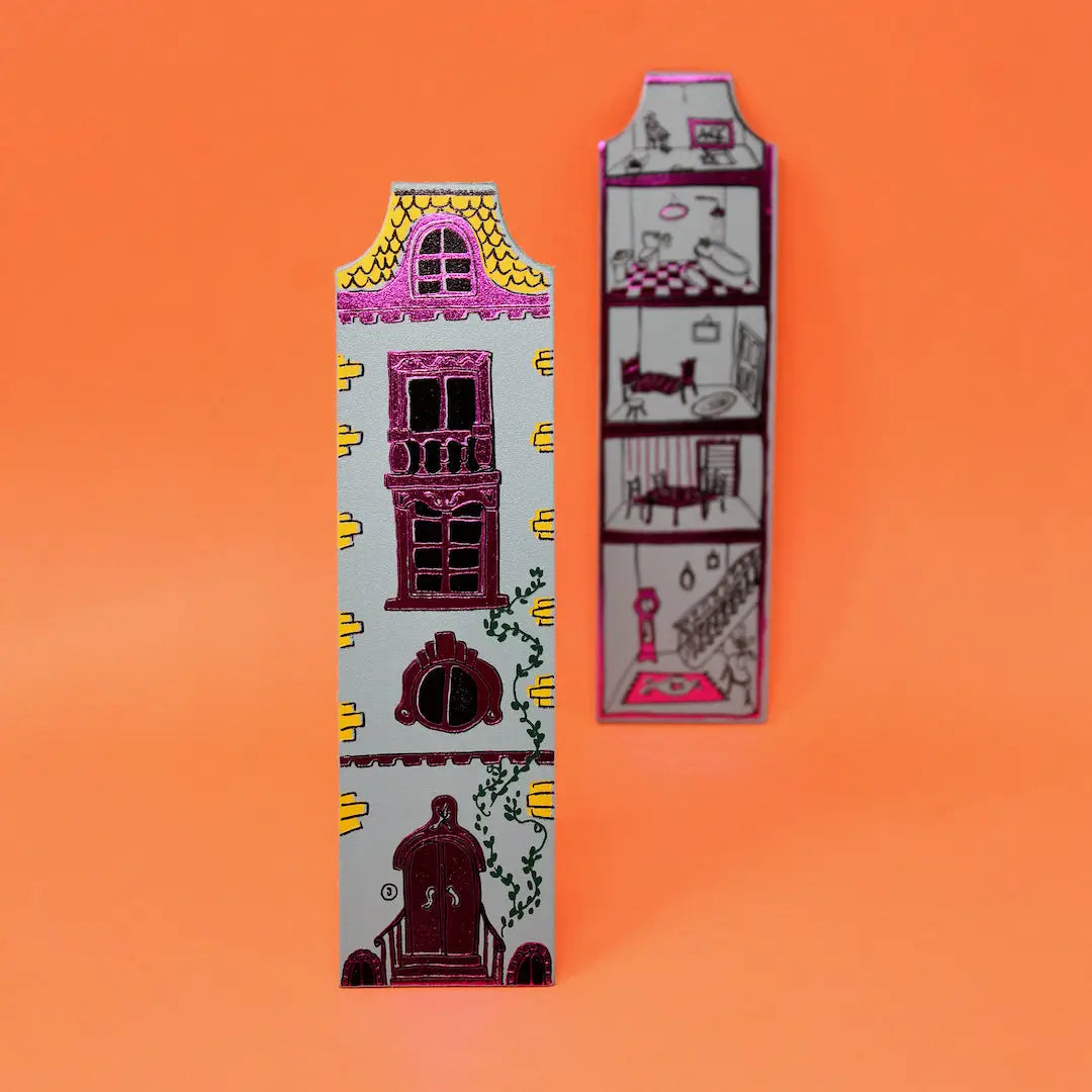 Ark Colour Design grey-blue dollhouse-shaped bookmarks with illustrated doors and windows on a beige background