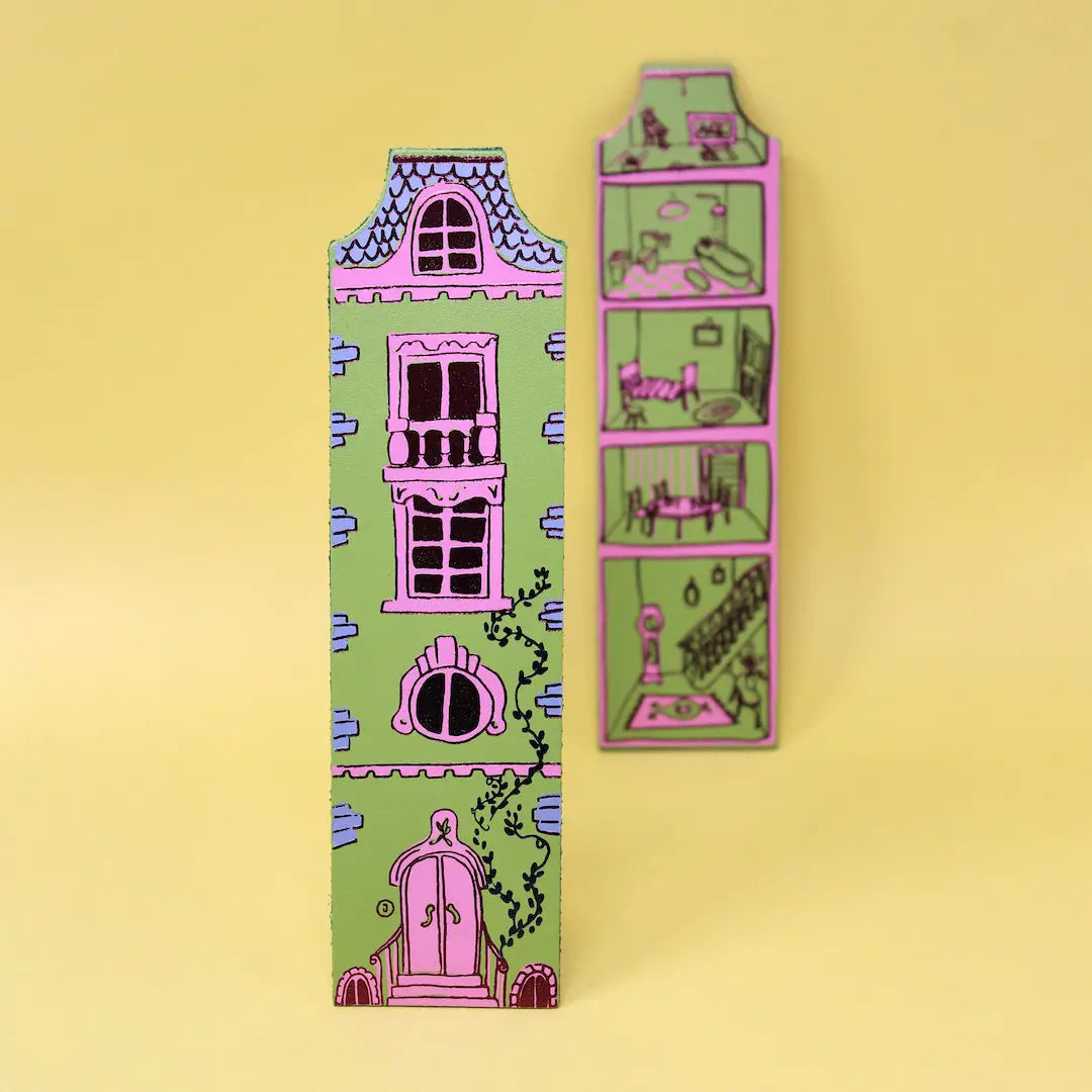 Ark Colour Design green dollhouse-shaped bookmarks with illustrated doors and windows on a beige background