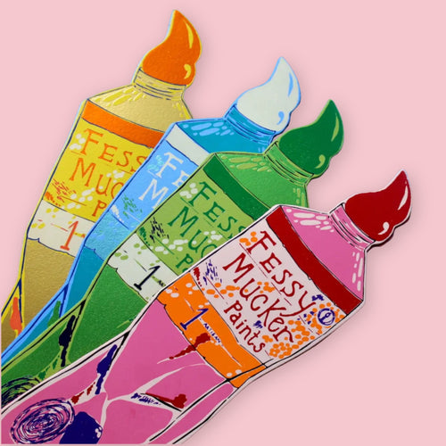Colorful Ark Colour Design paint tube bookmarks on a pink background
