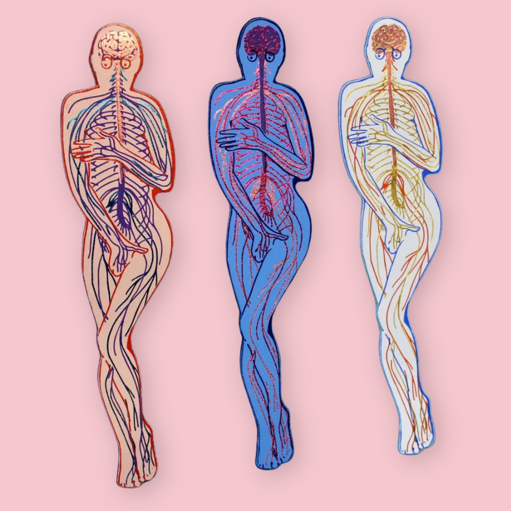 Three nervous system-shaped bookmarks in pink, blue, and white, each showing the brain and nerve pathways through a human figure, on a pink background.