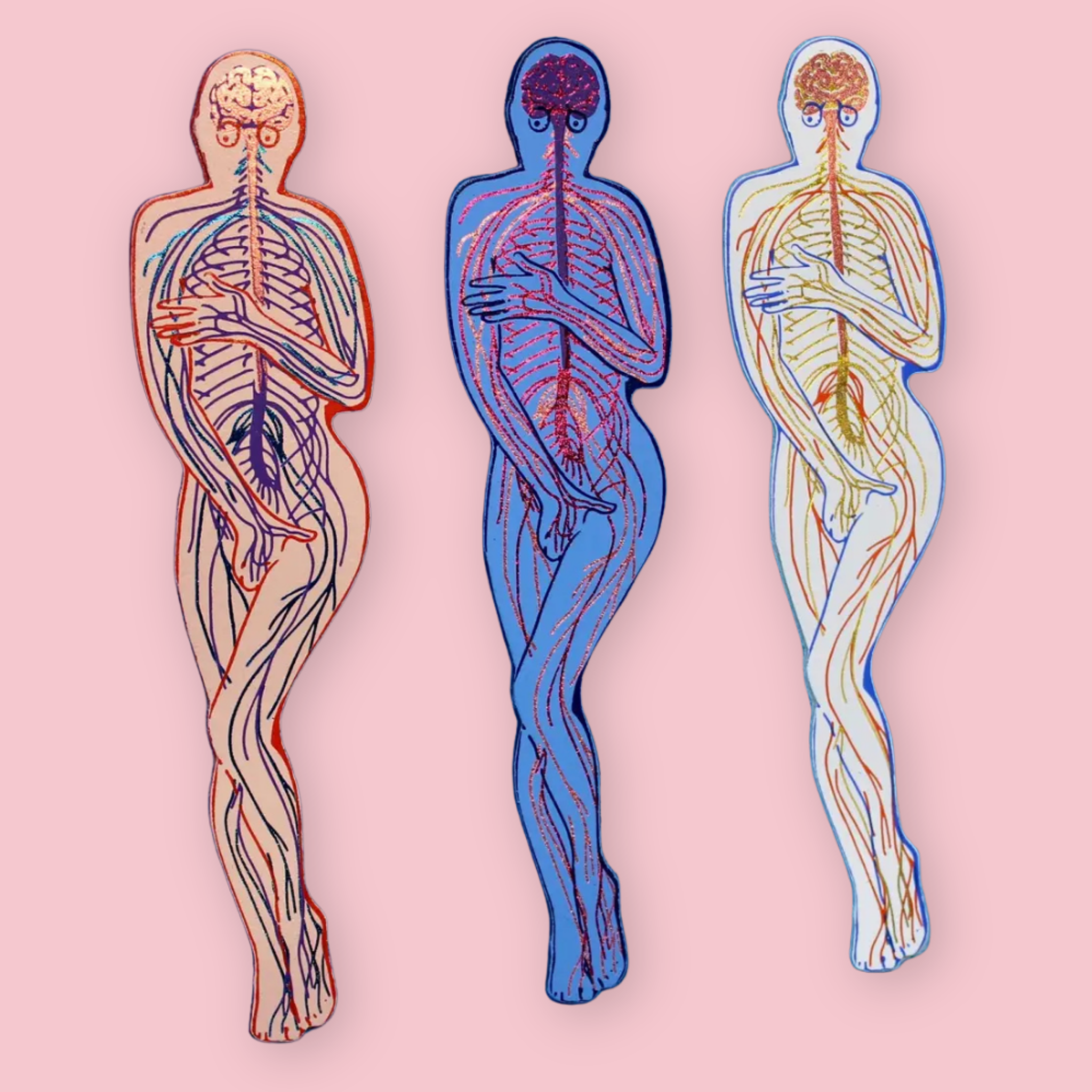 Three nervous system-shaped bookmarks in pink, blue, and white, each showing the brain and nerve pathways through a human figure, on a pink background.