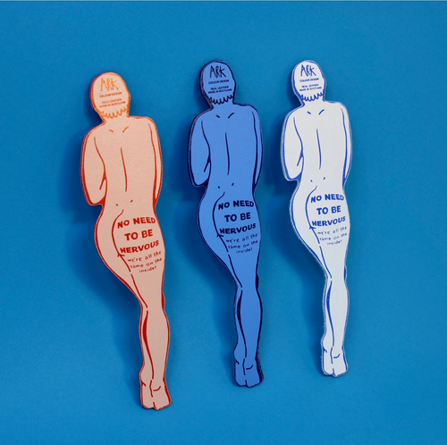 Three nervous system-shaped bookmarks in pink, blue, and white, showing the back view with "No need to be nervous, we're all the same on the inside" text, on a blue background.