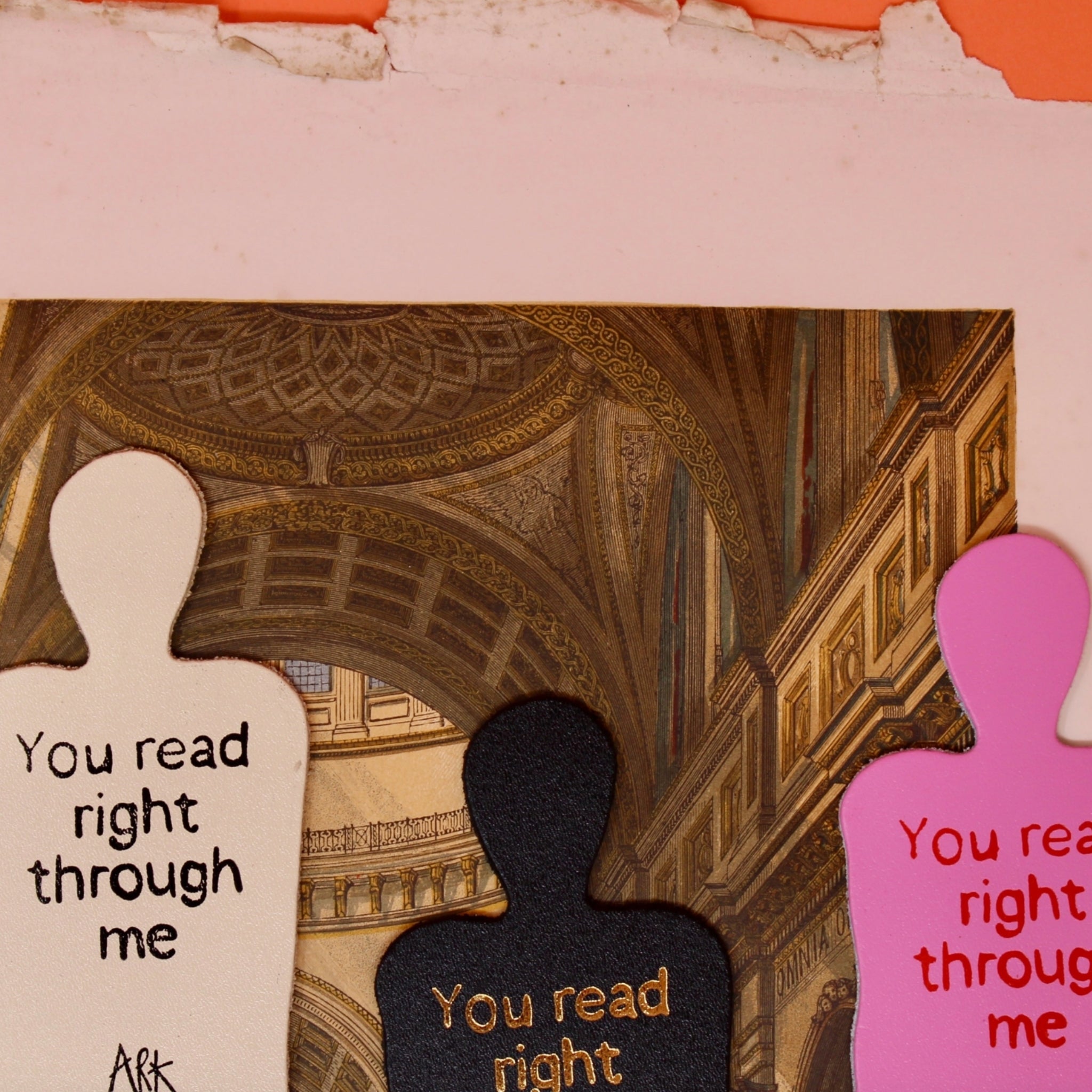 Ark Colour Design silhouette bookmarks in assorted colors with “You read right through me” text, shown with a vintage architectural print background.