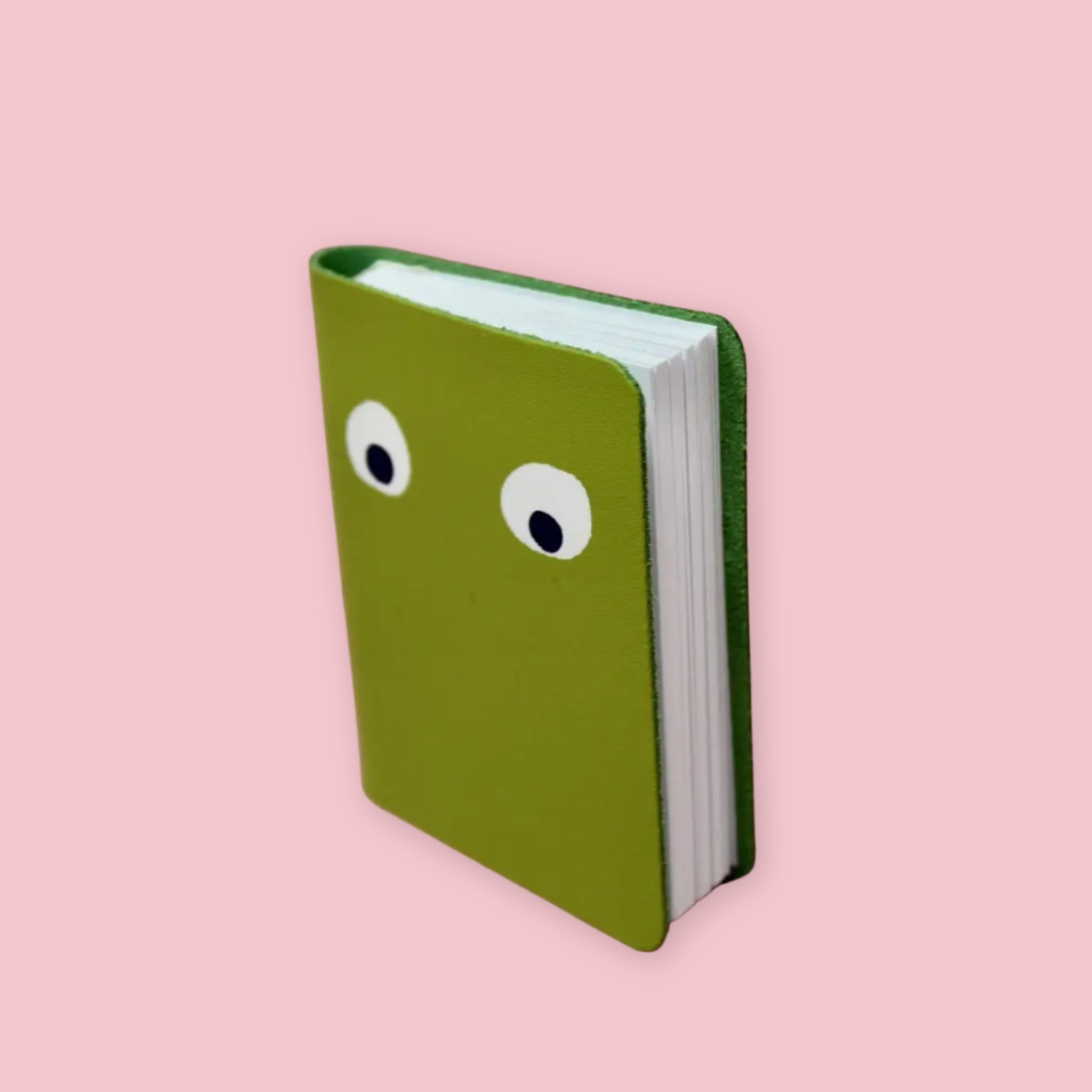 Ark Colour Design leather googly eye notebook in apple green with foil-embossed eyes looking in different directions on a pink background