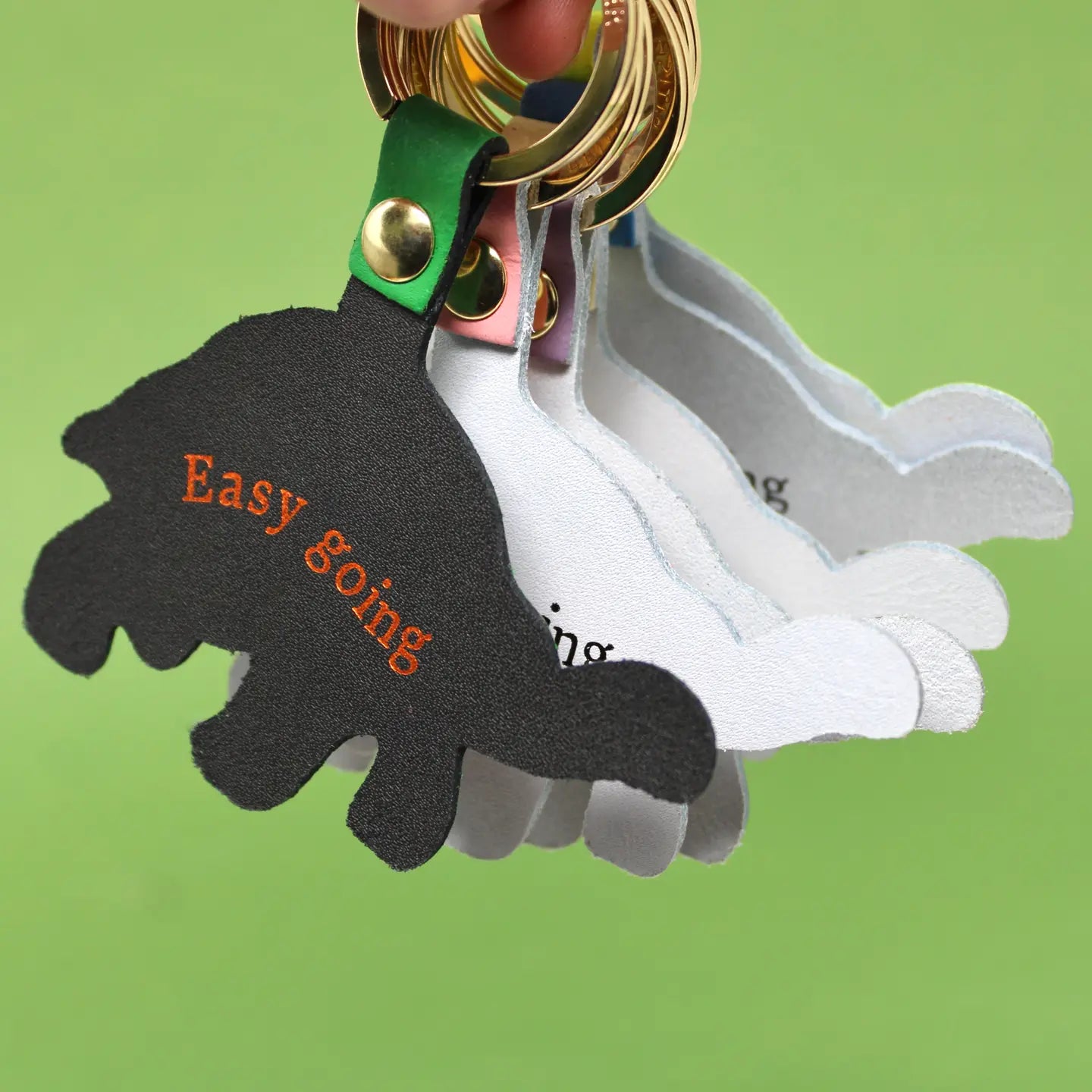 Back side of Ark Colour Design tortoise keychains with gold rings and “Easy going” text.
