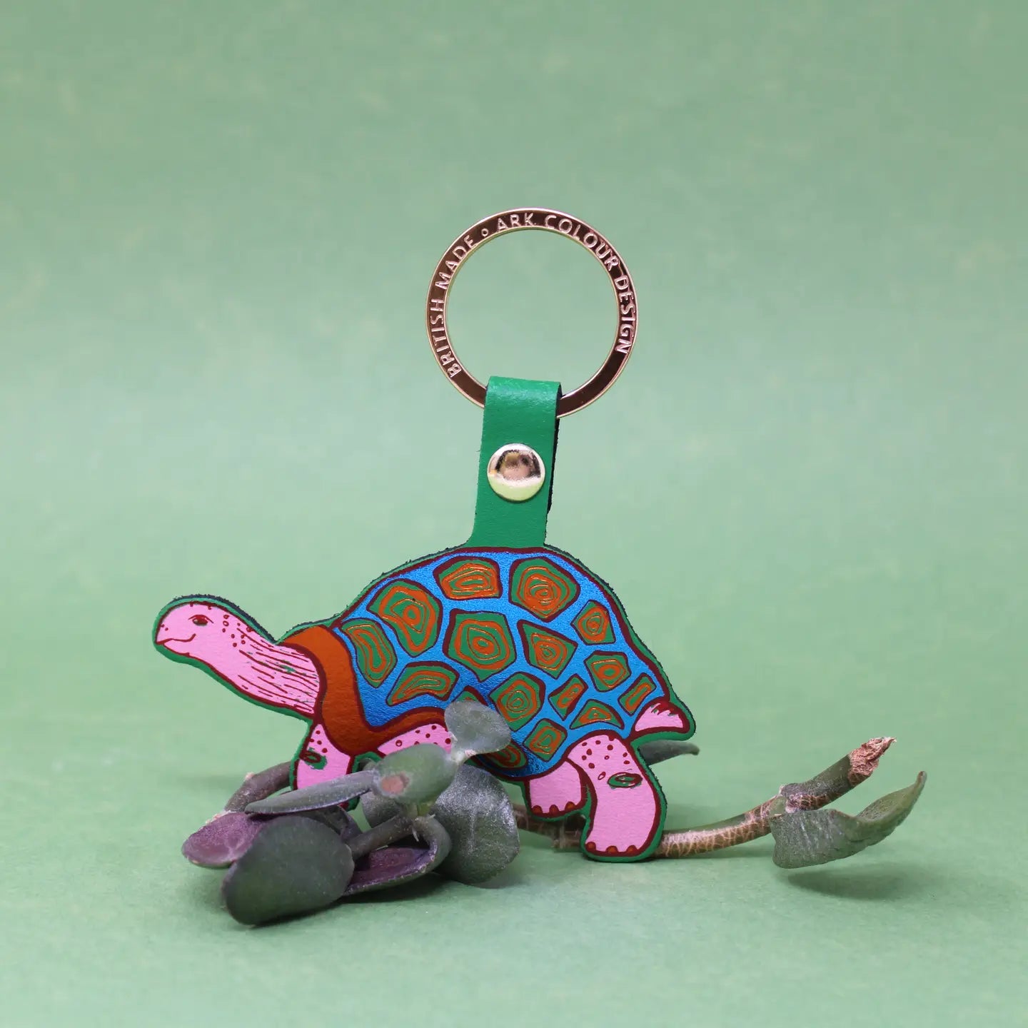 Ark Colour Design tortoise keychain with green strap, gold ring, and colorful illustrated turtle design.