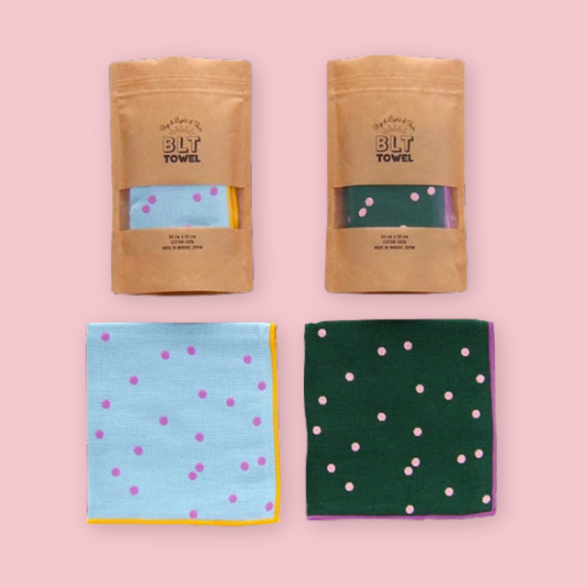 Imabari BLT Towel in Blue Dot and Green Dot styles, shown folded and in kraft paper packaging on a pink background