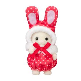 Calico Critters bunny figure wearing a red and white polka-dot outfit with a white faux-fur hood and matching hat, posed against a plain white background.