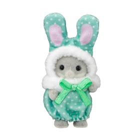 Calico Critters bunny figure wearing a mint green bunny outfit with white trim, pink inner ears, and a green bow, shown on a plain white background.