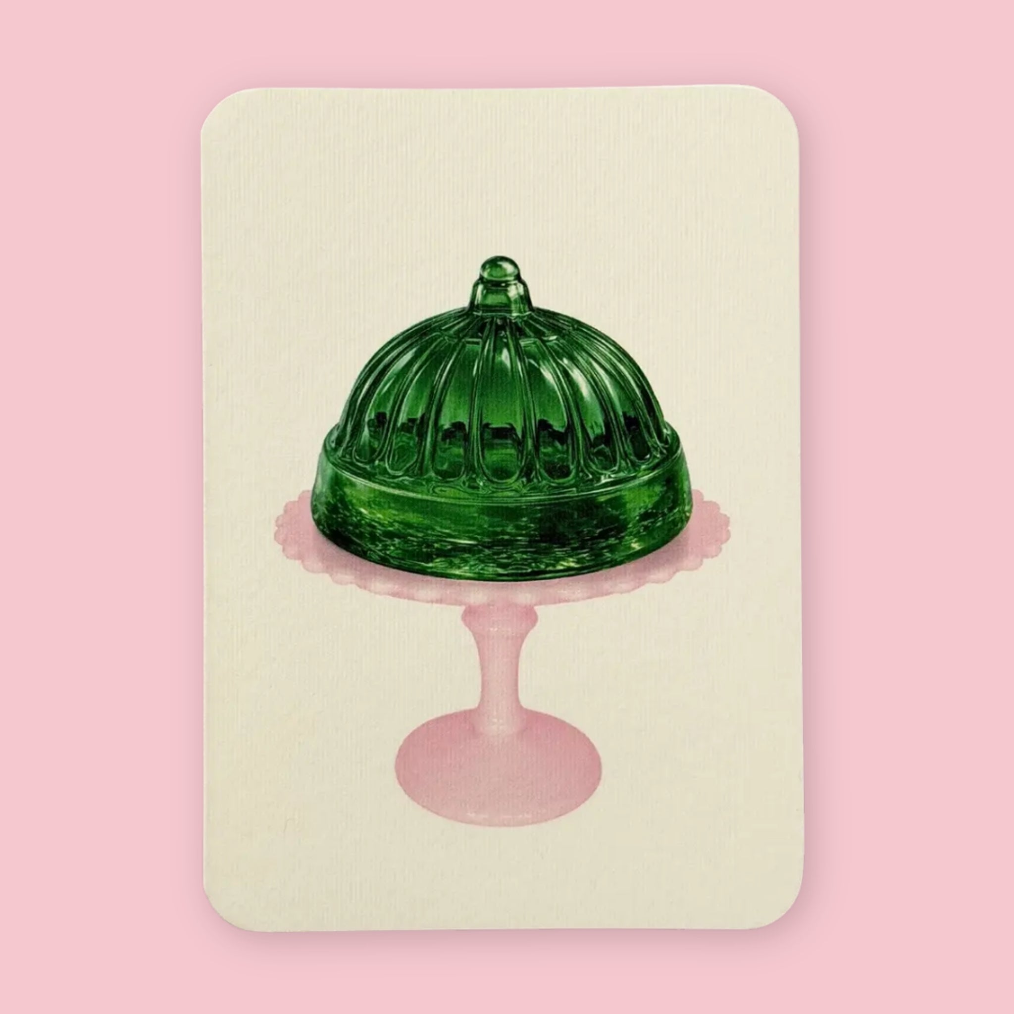 Canonbury Press greeting card featuring green jelly on a pale pink pedestal plate against a pink background