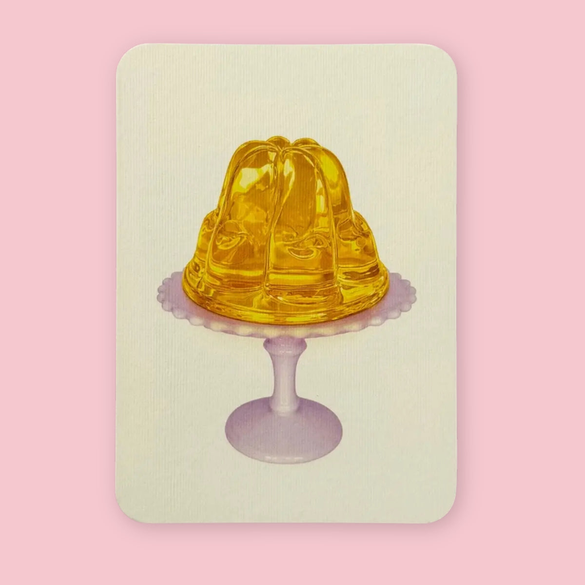 Canonbury Press greeting card featuring yellow jelly on a pale lilac pedestal plate against a pink background