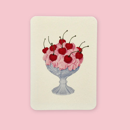 Canonbury Press greeting card featuring an illustration of pink strawberry chantilly cream topped with red cherries in a glass dessert bowl on a soft cream background.