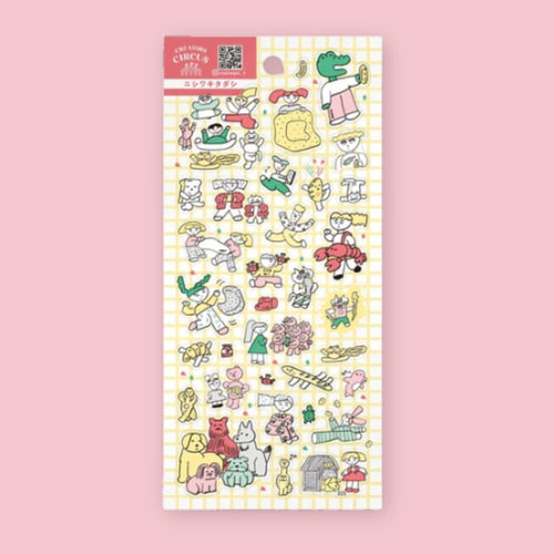 Sticker sheet with playful cartoon animals and characters on a yellow grid background, shown on a pink background.