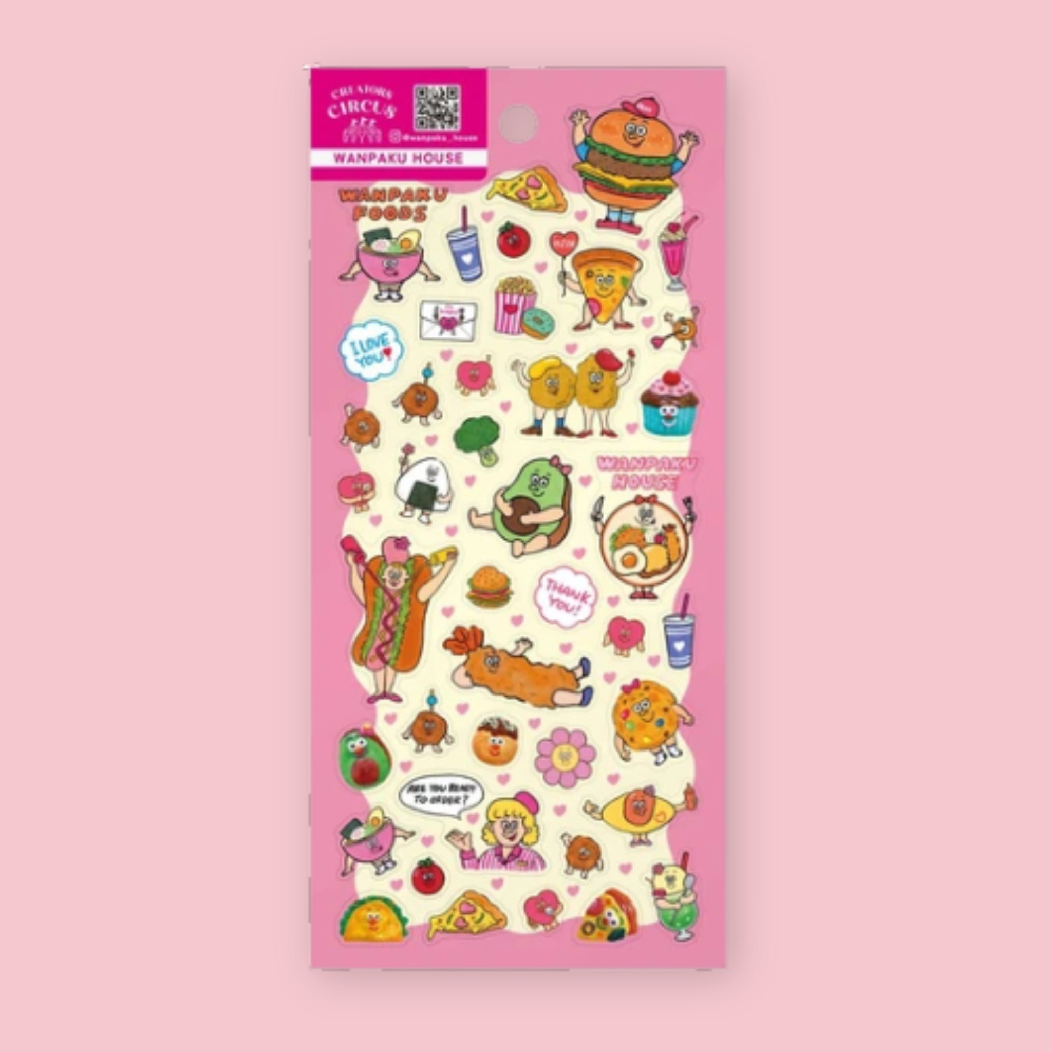 Pink sticker sheet with cheerful cartoon food characters, including a burger, pizza slice, hot dog, cupcake, and drinks.