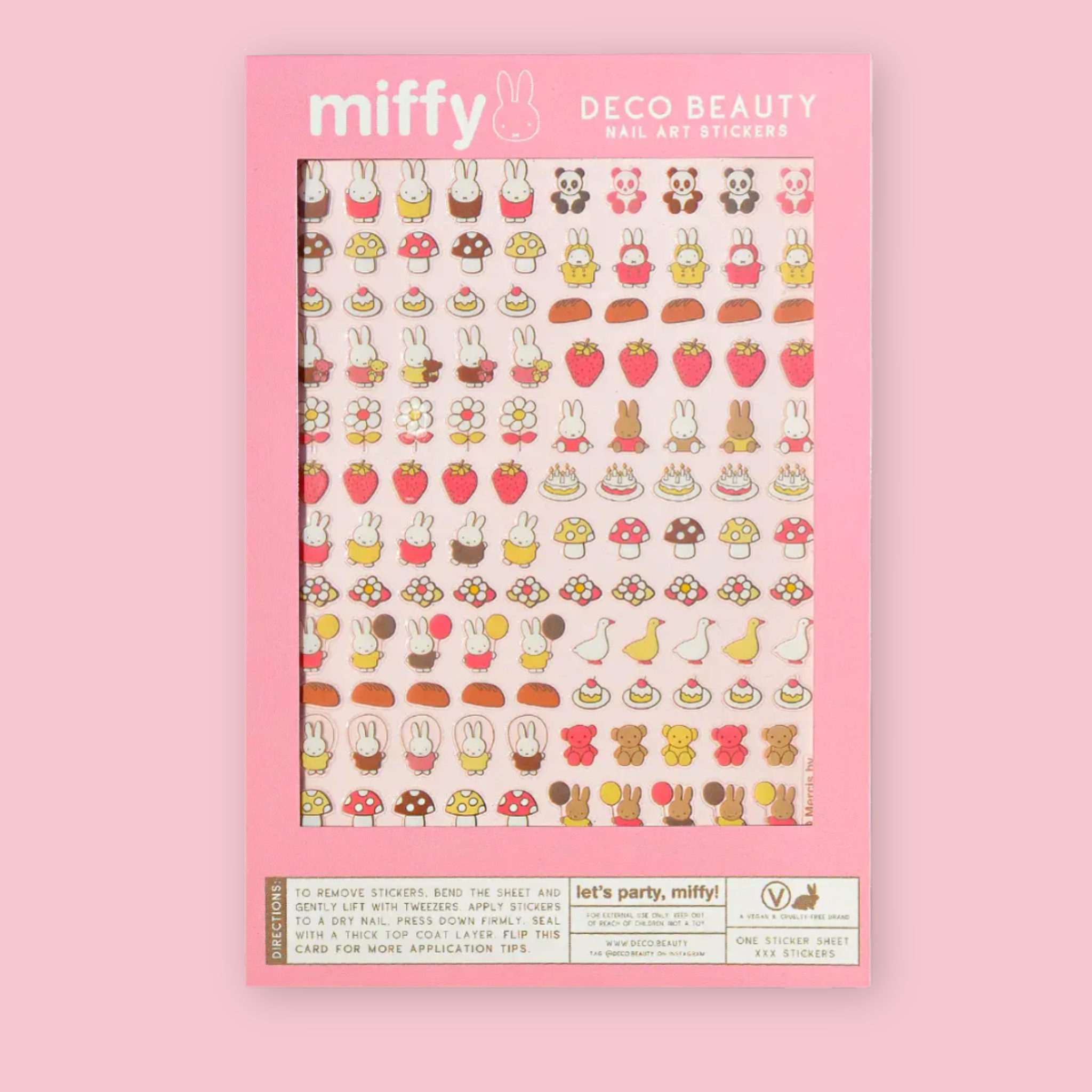 Miffy Deco Beauty Let's Party Miffy nail art sticker sheet packaging, with stickers depicting Miffy bunnies, pandas, gummy bears, ducks, strawberries, birthday cakes, mushrooms, and flowers in pink, yellow, and brown tones, on a pink background.