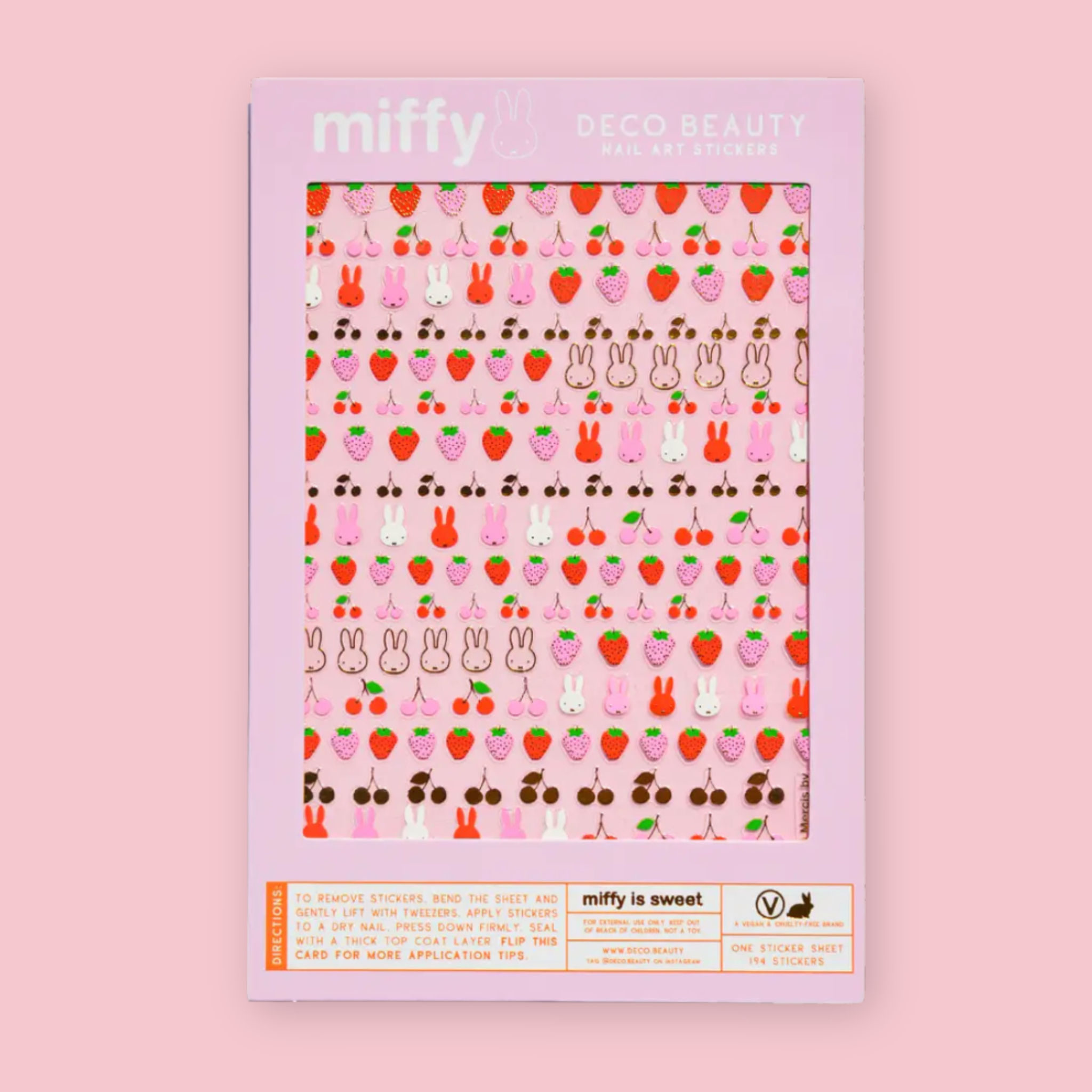 Miffy Deco Beauty Is Sweet nail art sticker sheet packaging, with 194 stickers in repeating rows of strawberries, cherries, and Miffy bunny heads in pink and red tones, on a pink background.