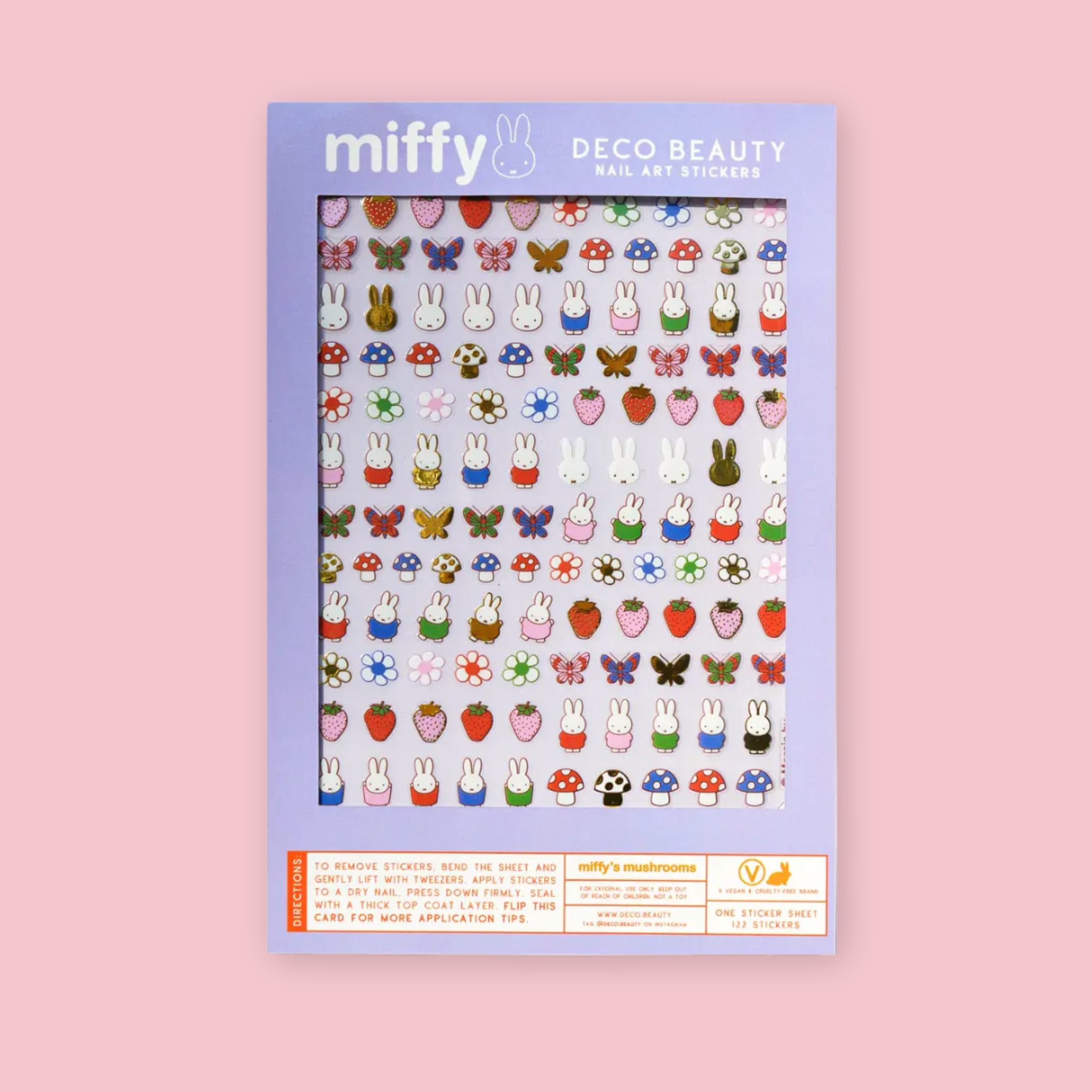 Miffy Deco Beauty Mushrooms nail art sticker sheet packaging, with 122 stickers in repeating rows of strawberries, butterflies, mushrooms, and flowers alternating with Miffy bunny stickers in assorted colors, on a pink background.
