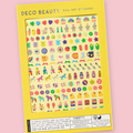 Deco Beauty Thrifty nail art sticker sheet packaging with 158 stickers depicting an eclectic mix of nostalgic motifs, hearts, snow globes, fruit, gummy bears, stars, mugs, matryoshka dolls, dalmatians, rubber ducks, flamingos, and buttons, on a yellow background.