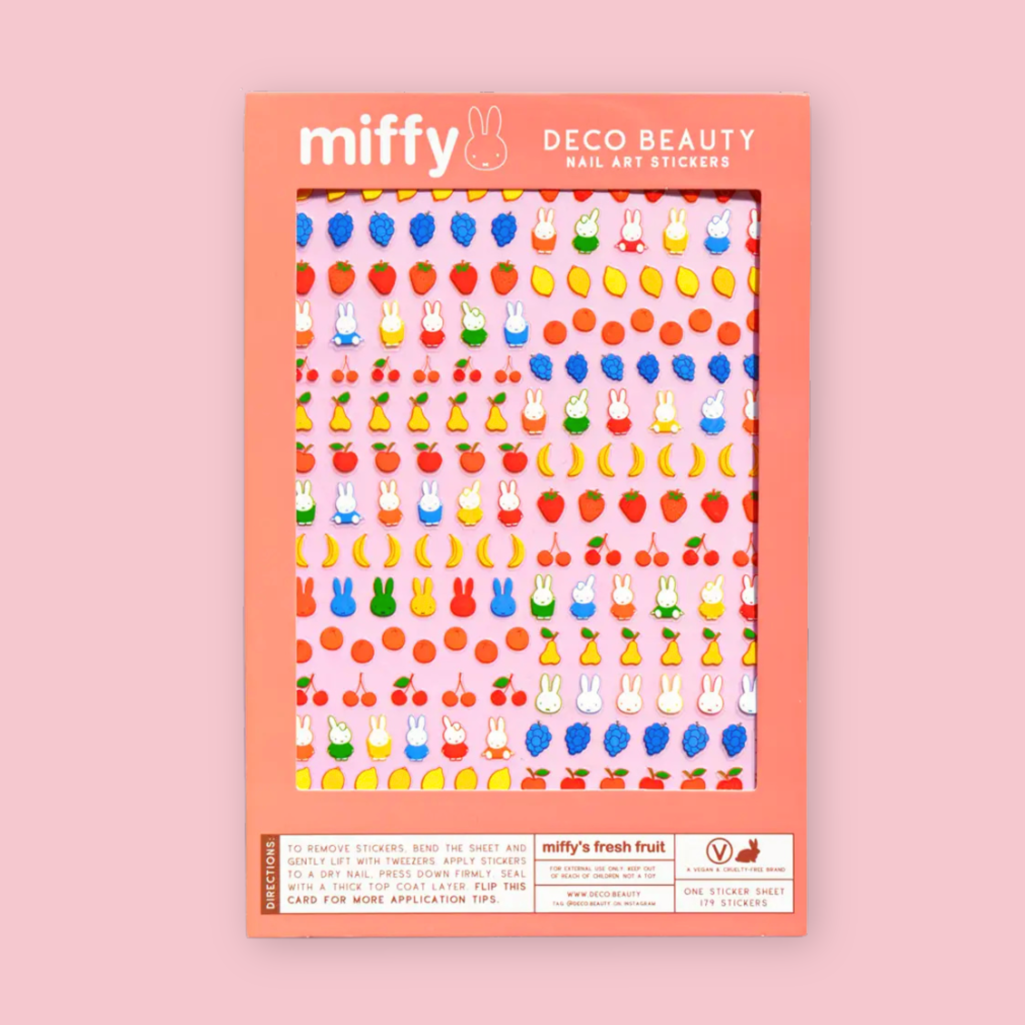 Miffy Deco Beauty Fresh Fruit nail art sticker sheet packaging, with 179 stickers in repeating rows of fruit (blackberries, strawberries, lemons, oranges, cherries, pears, apples, bananas) alternating with Miffy bunny stickers in assorted colors, on a pink background.