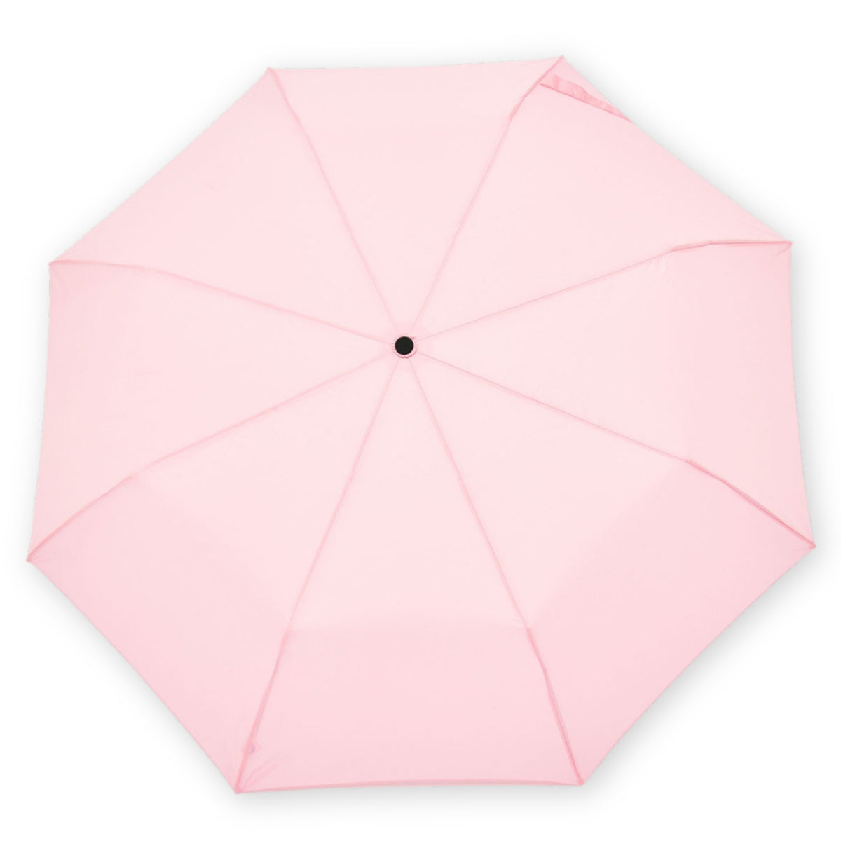 Pink compact umbrella shown open on a white background.