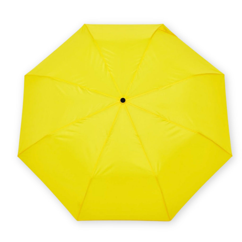 Yellow compact umbrella shown open on a white background.