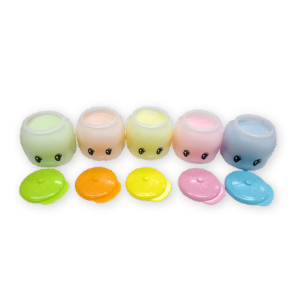 Five open Fueki starch glue containers with softly tinted pastel paste and matching colored lids on a white background.