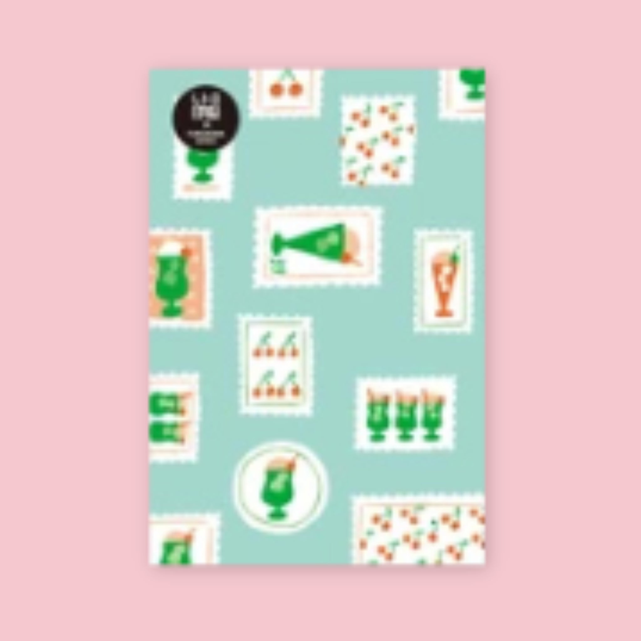 Furukawashiko postcard featuring illustrated soda and cherry designs in a retro stamp pattern on a teal background