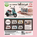 Yamaha Vino 1:64 scale scooter gachapon featuring five miniature scooter colors with display cases and keychain attachments.