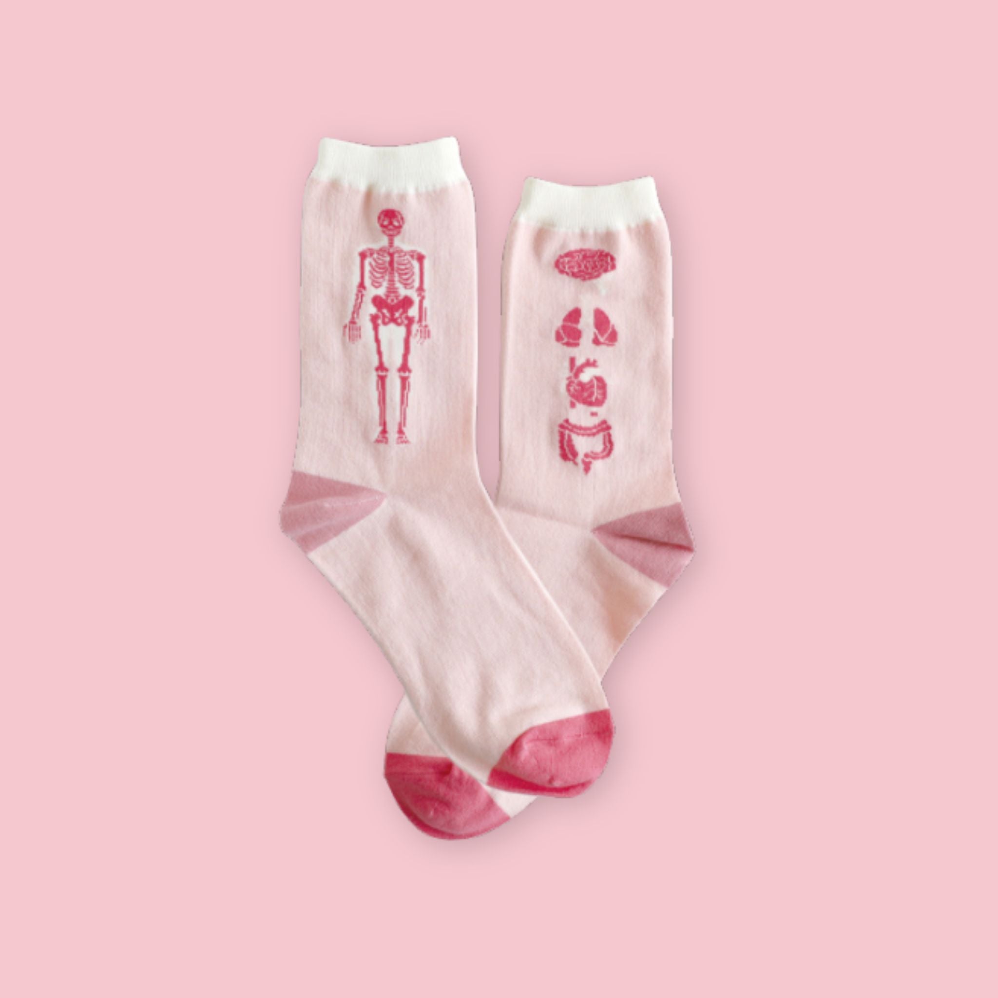 Pair of cream crew socks featuring pink anatomical skeleton and internal organ illustrations on a pastel pink background.
