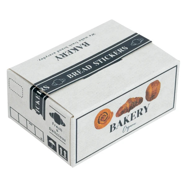 Box of bakery bread stickers with branding on a white background