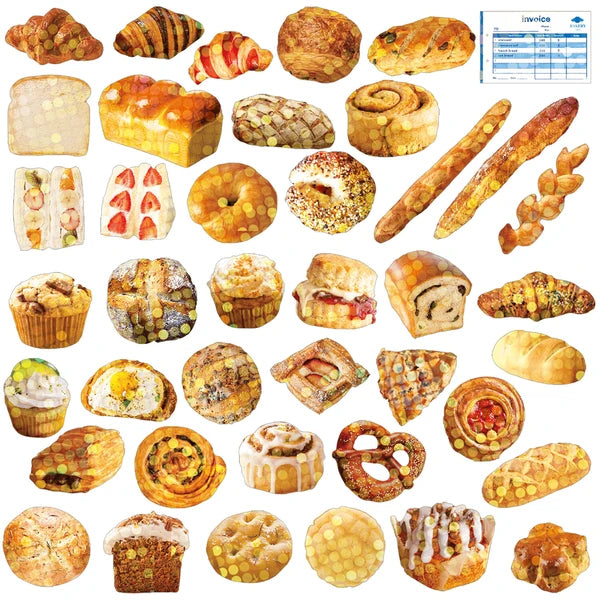 Stickers of assorted baked goods including bread, pastries, and cakes on a white background