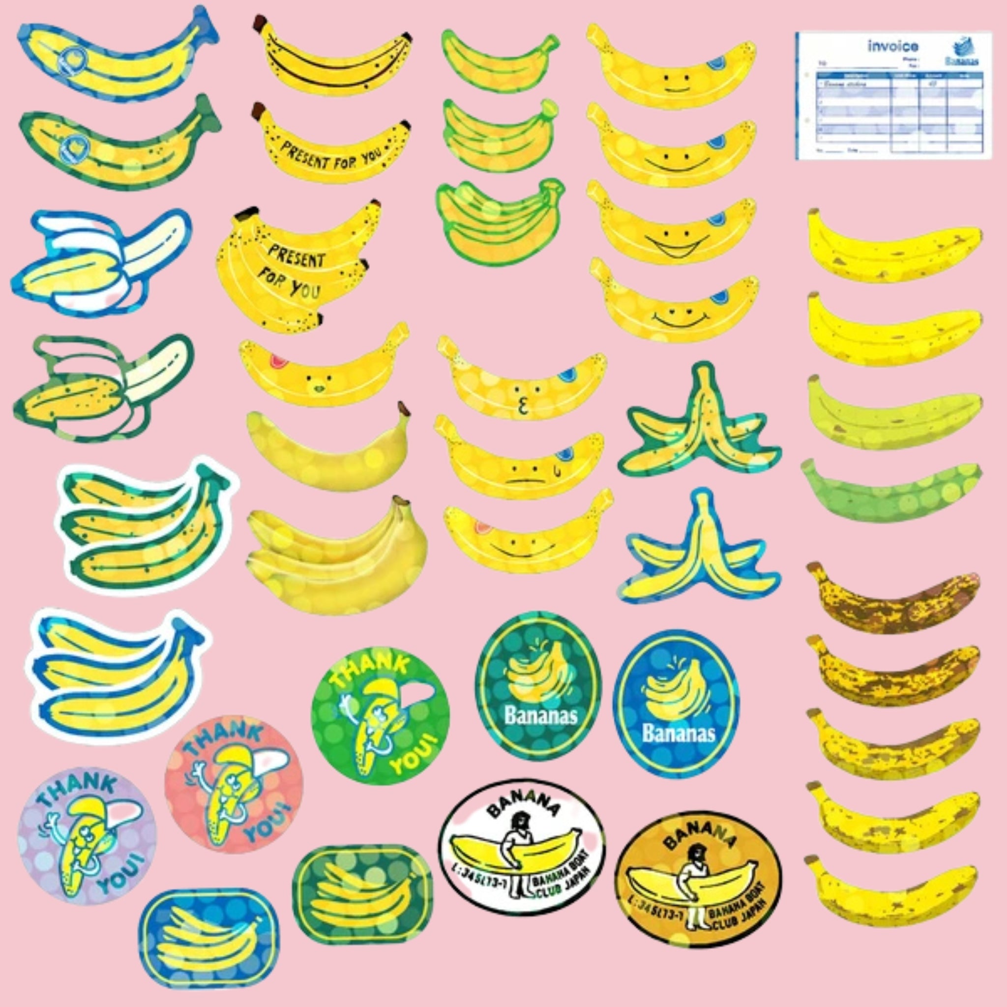 Spread of Bananas Hako seal stickers depicting bananas in various styles and ripeness stages, including smiley-face bananas, bunches, peels, "Present for You" gift bananas, "Thank You" badges, Banana Boat Club Japan circular emblems, and a blue invoice, on a pink background.