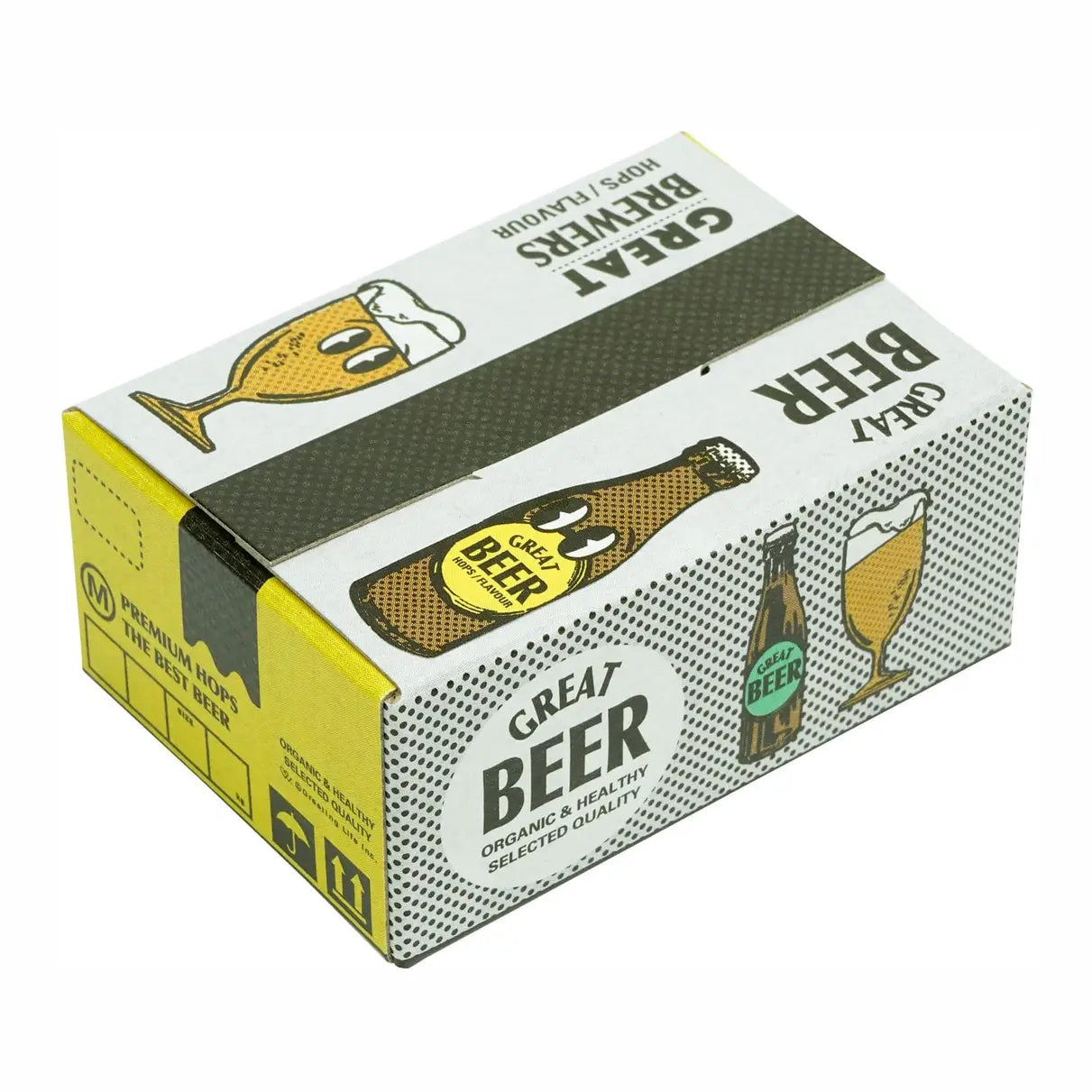 A cardboard box of Great Beer Brews  beer stickers, featuring a white and gray patterned design with yellow accents and illustrations of beer bottles and glasses.