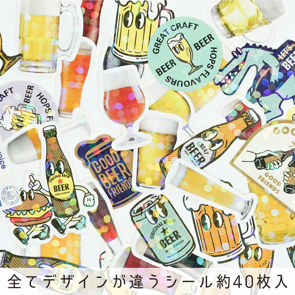 Collection of colorful beer-themed stickers on a white background
