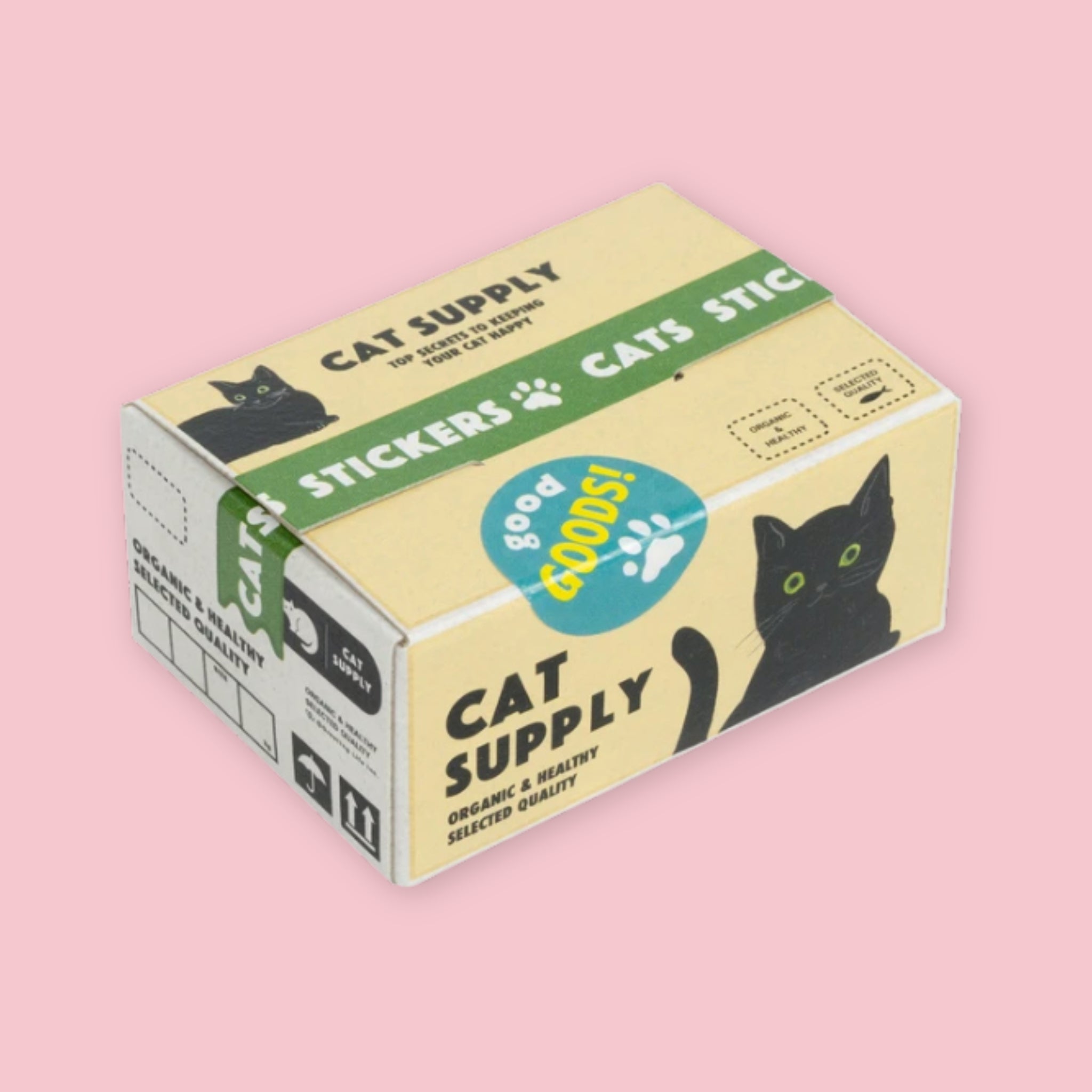 Box of Hako stickers designed to resemble vintage pet supply packaging, with a cream and green color scheme, black cat illustration, "Cat Supply — Organic & Healthy Selected Quality" branding, and a "Good Goods" badge, on a pink background.