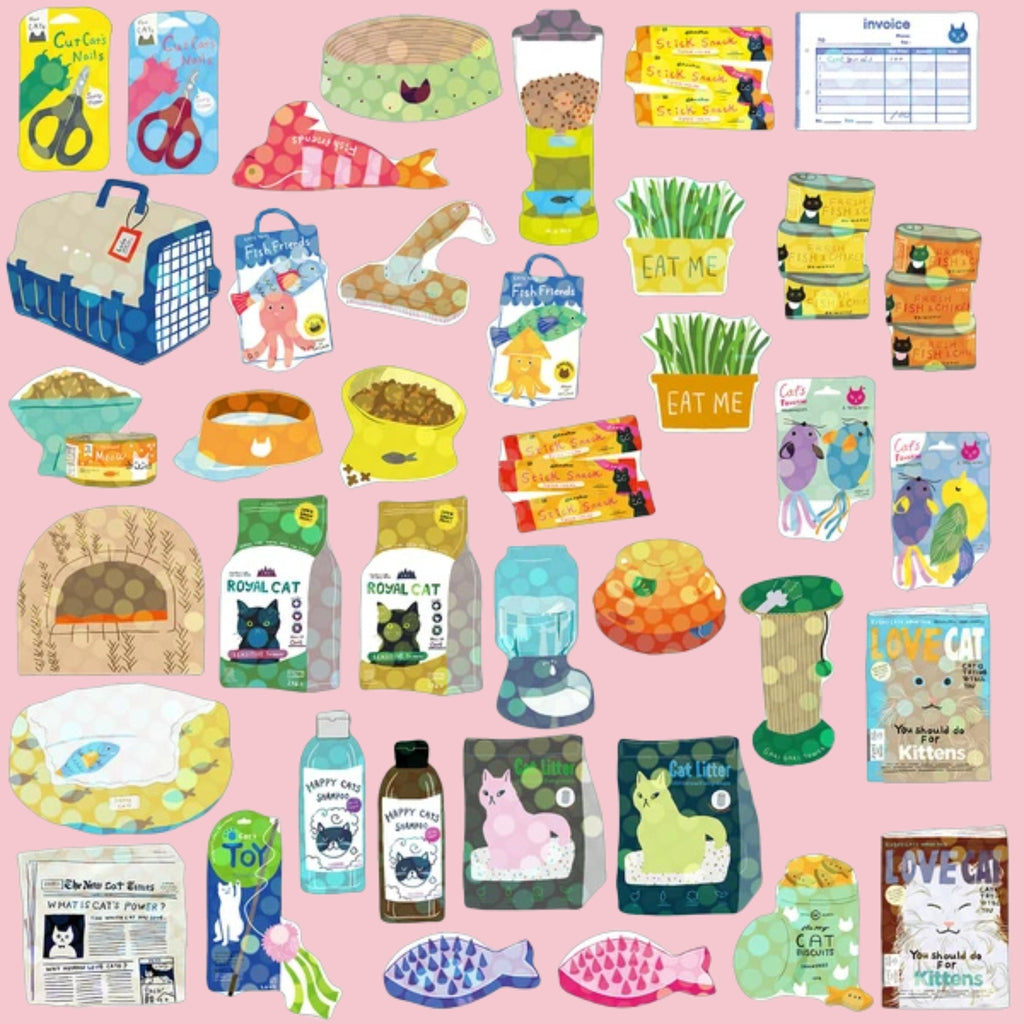 Spread of Cat Supply Hako seal stickers depicting cat-themed items including food bowls, kibble bags, cat beds, a carrier, litter bags, treat pouches, canned food, cat grass, shampoo, toys, fish brushes, nail scissors, and illustrated cats and fish, on a pink background.