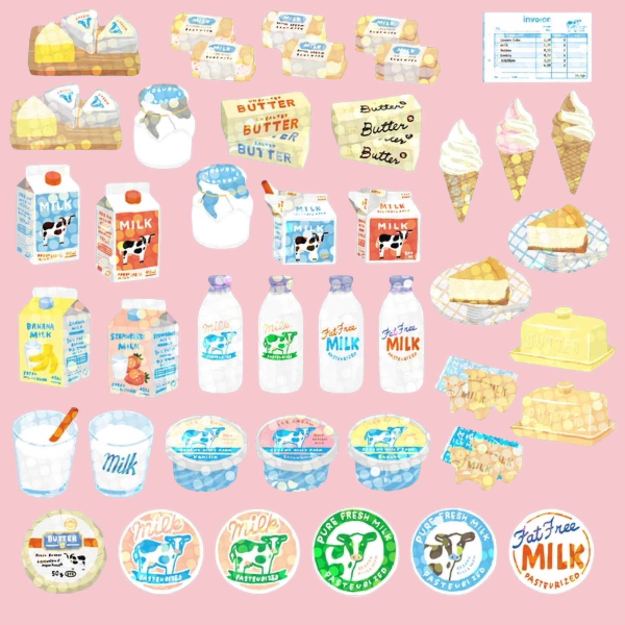 Spread of Creamy Hills Farm Hako seal stickers depicting dairy items including milk cartons, milk bottles, butter pats and dishes, ice cream cones, cheesecake slices, yogurt cups, glasses of milk, flavored milk cartons, cheese, and circular dairy brand emblems, on a pink background.