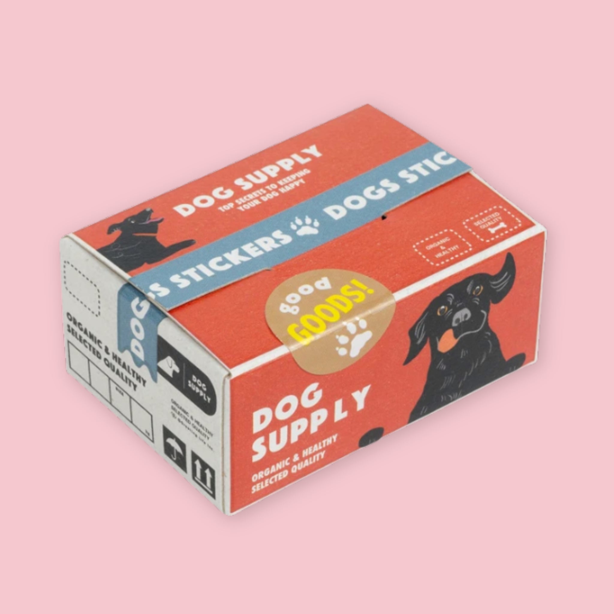 Box of Hako stickers designed to resemble vintage pet supply packaging, with a red and blue color scheme, black Labrador illustration, "Dog Supply — Organic & Healthy Selected Quality" branding, and a "Good Goods" badge, on a pink background.