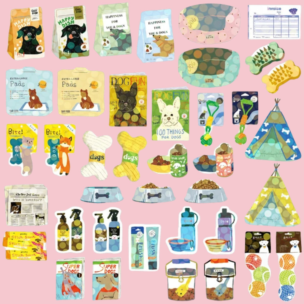 Spread of Dog Supply Hako seal stickers depicting dog-themed items including food bags, pet pads, dog beds, bowls, bones, toys, spray bottles, treat canisters, tennis balls, teepees, books, and illustrated dogs in various breeds, on a pink background.
