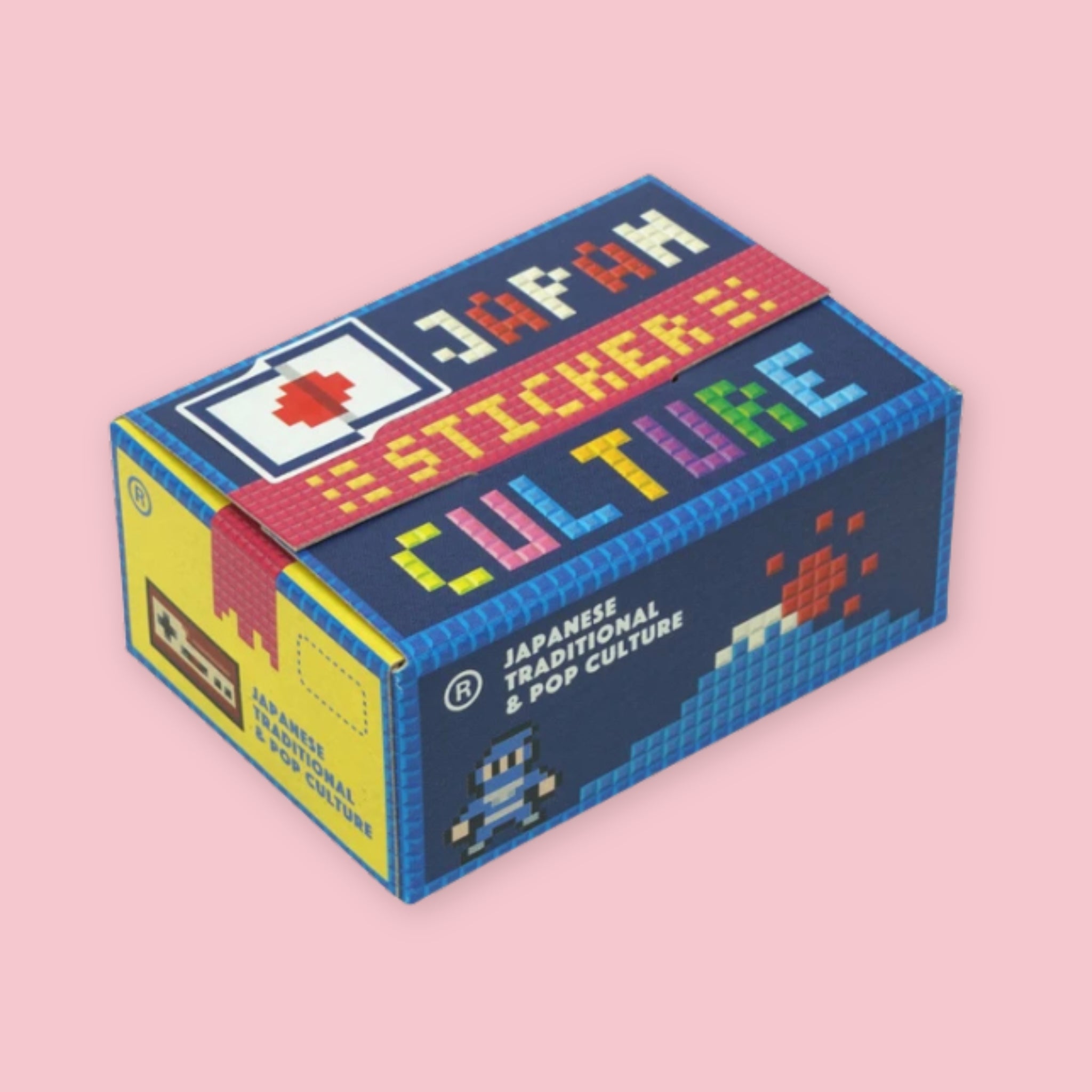 Box of Hako stickers with a retro pixel art design, featuring "Japan Stickers Culture" text in 8-bit style lettering, a pixel art robot character, and "Japanese Traditional & Pop Culture" branding in navy blue, red, and yellow, on a pink background.