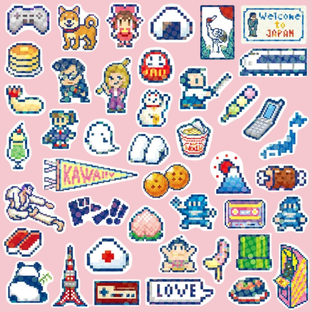 Spread of pixel art Japan Stickers Culture Hako seal stickers depicting Japanese icons including a Shiba Inu, daruma doll, maneki-neko, Mount Fuji, Tokyo Tower, bullet train, ramen, sushi, arcade cabinet, cassette tape, video game controller, and anime-style characters, on a pink background.